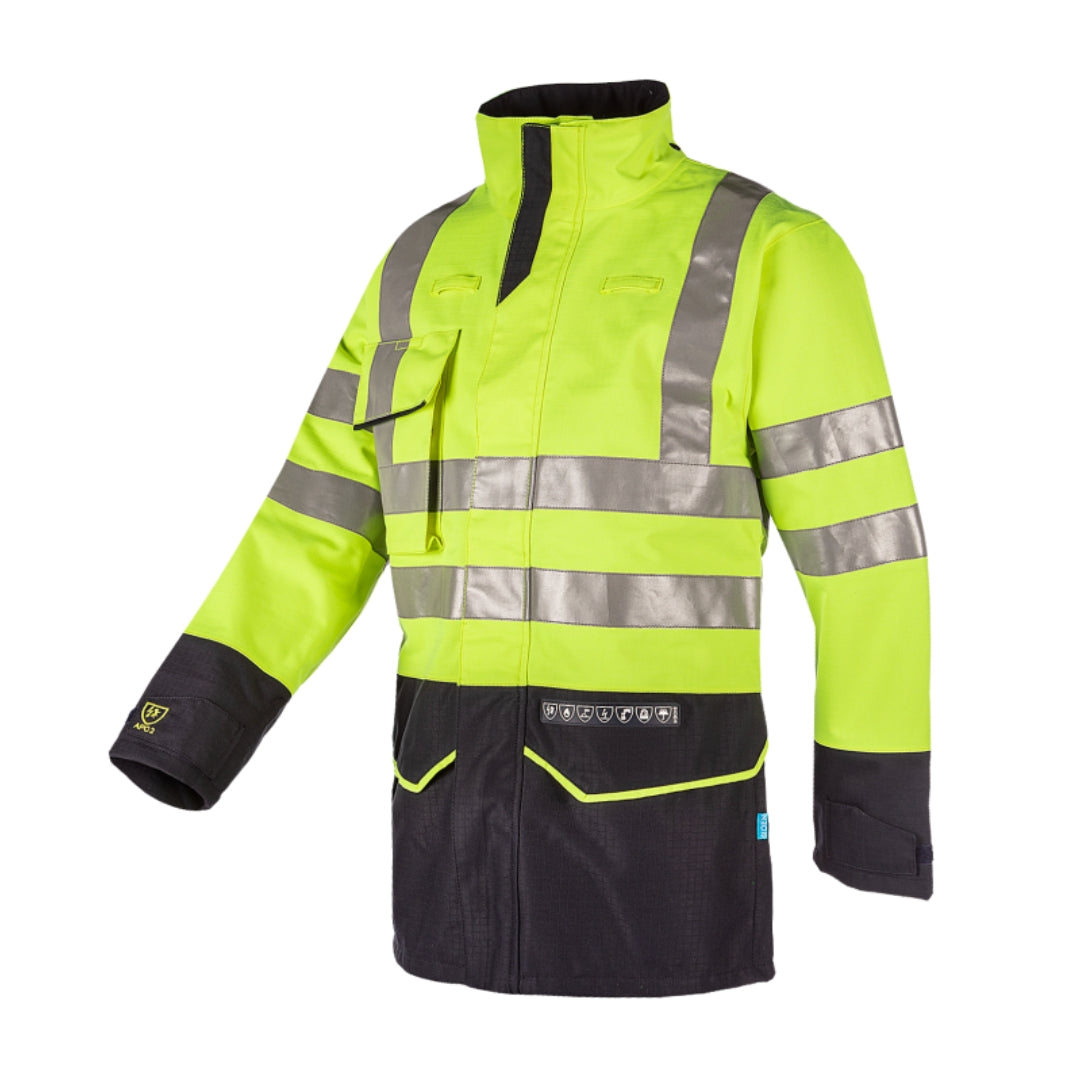 Nash Yellow/Navy Hi-vis rain jacket with ARC protection APTV 40.5 cal/cm²